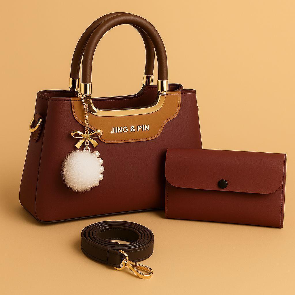 Pink & Navy Blue Rexine Handbag Set With Detachable Strap