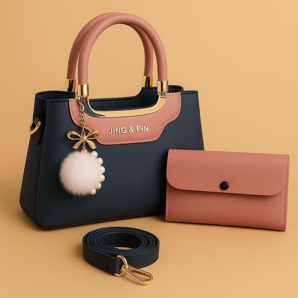 Pink & Navy Blue Rexine Handbag Set With Detachable Strap