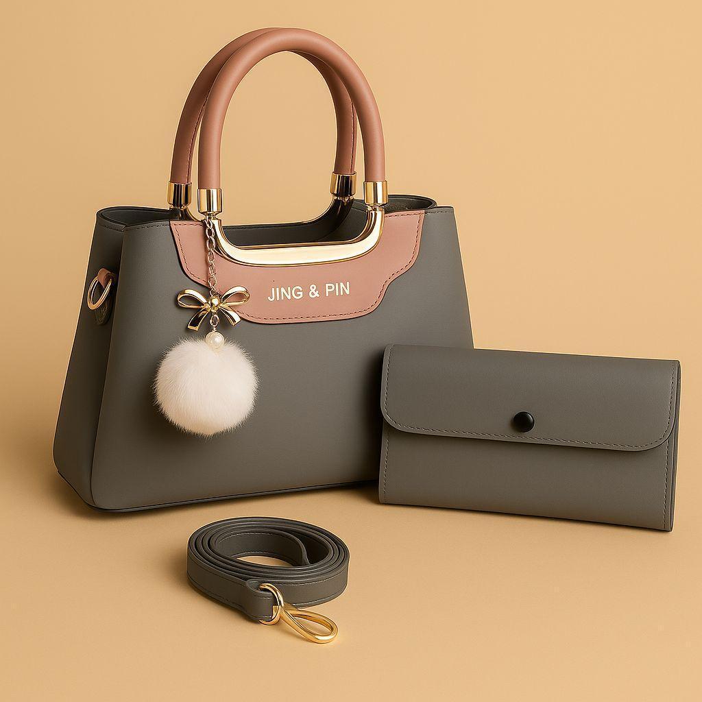 Pink & Navy Blue Rexine Handbag Set With Detachable Strap