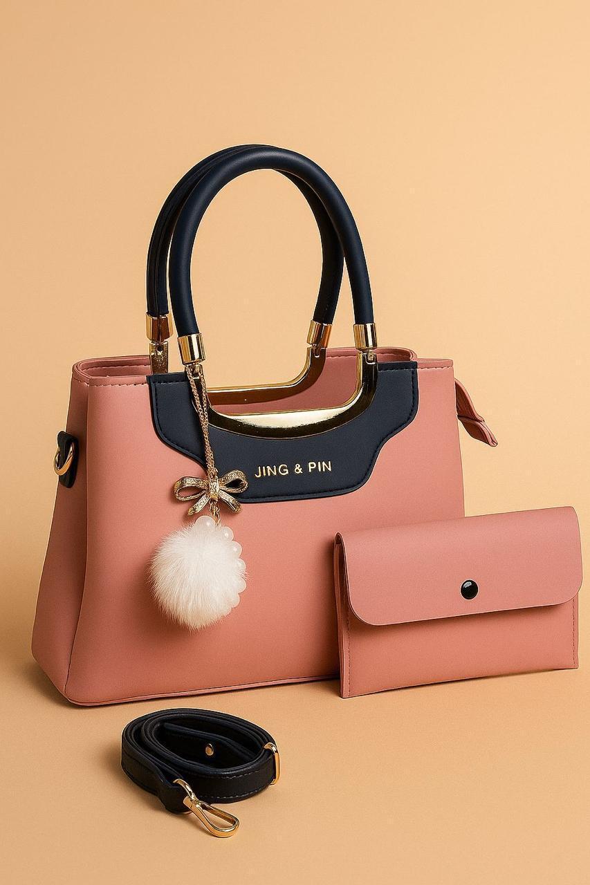 Pink & Navy Blue Rexine Handbag Set With Detachable Strap